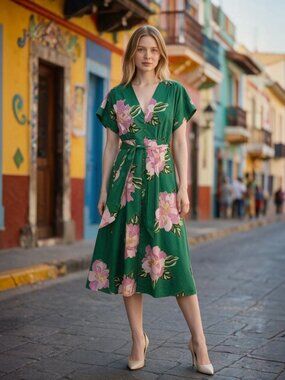THML Floral V-Neck Belt Midi Dress Green & Pink Medium